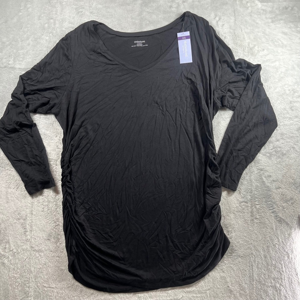 Motherhood Maternity Black Side Ruched V-Neck Long Sleeve Tee Shirt Plus Size 2X